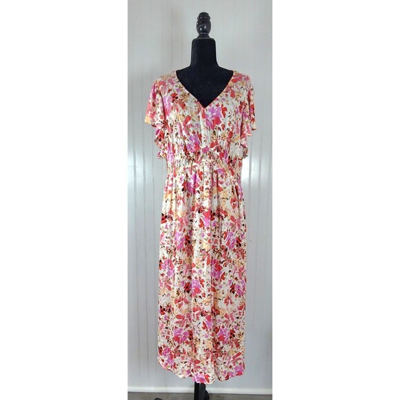 Frye & Co Pink & Red Floral Summer Dress Capped Sleeves Women's Size 2X Midi - Picture 2 of 14